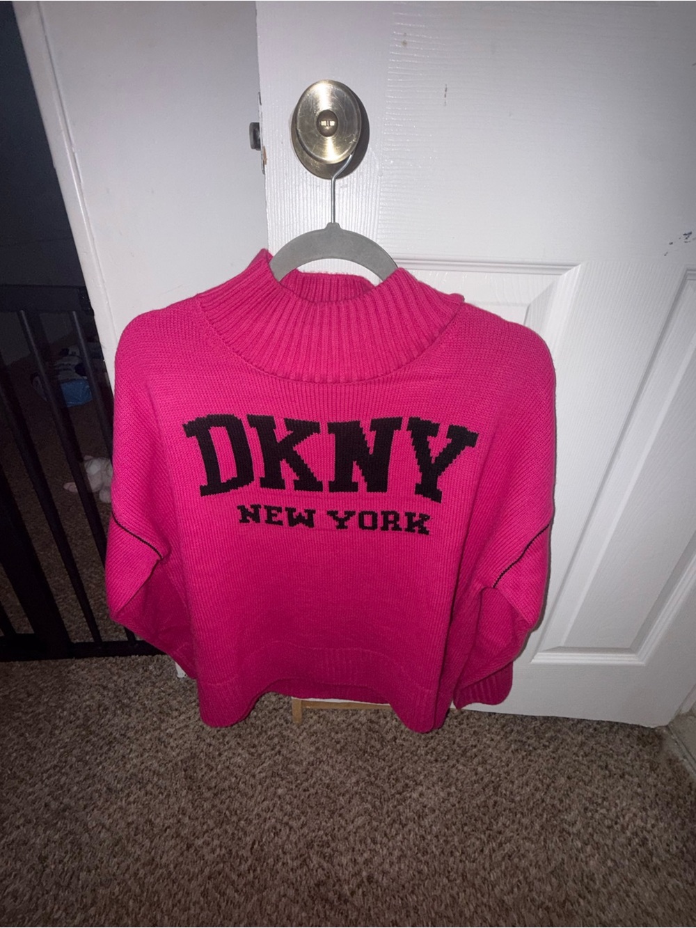 DKNY Hot Pink Ribbed Turtleneck Logo Sweater